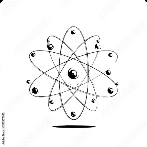 Stylized atom with electrons orbiting the nucleus in a black and white sketch illustration style design