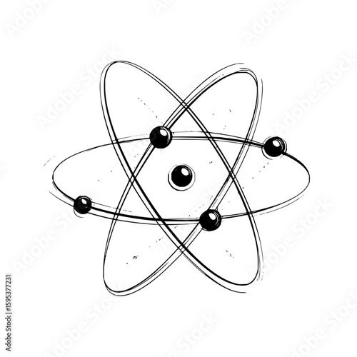 Illustration of an atom with orbiting electrons and a central nucleus in black and white drawing