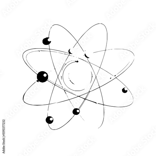 Illustration of an atom with electrons orbiting a nucleus in a stylized black and white drawing style
