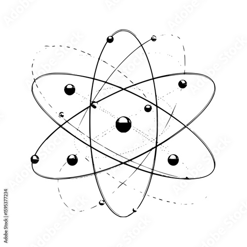 Illustration of an atom with orbiting electrons and a central nucleus in black and white style design