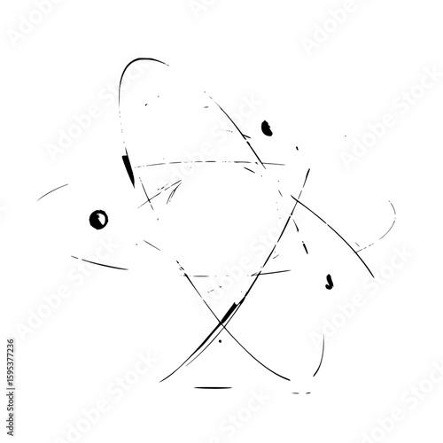 Abstract representation of an atom with orbiting electrons and nucleus in black and white style art