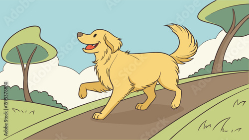 Cartoon golden retriever walking on a path in a park with trees and a blue sky in the background