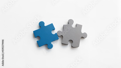 Blue and gray puzzle pieces suggesting connection collaboration and problem solving on white background