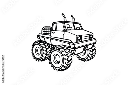 Line art illustration of a cartoon monster truck with oversized tires and antennas perfect for coloring books children s activities and automotive themed designs and