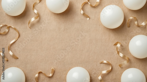 Elegant composition with white balloons and gold ribbons on a textured beige surface perfect for celebrations