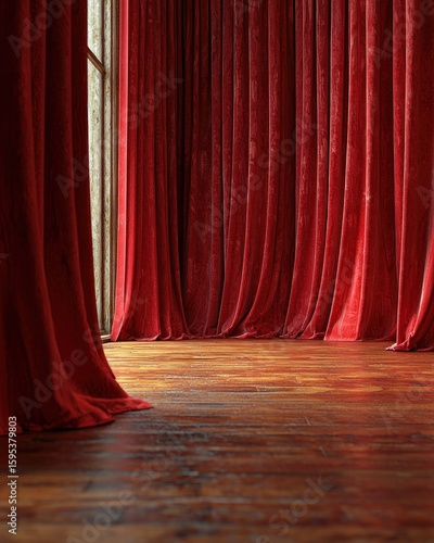 Crimson Curtains and Wooden Floor: A Stage Set Awaits