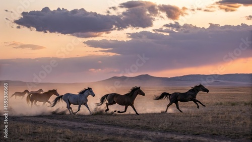 Wild Horses Running at Sunset: A majestic herd of wild horses gallops freely across a vast, dusty plain at sunset, creating a stunning panorama of freedom, beauty, and raw wilderness.