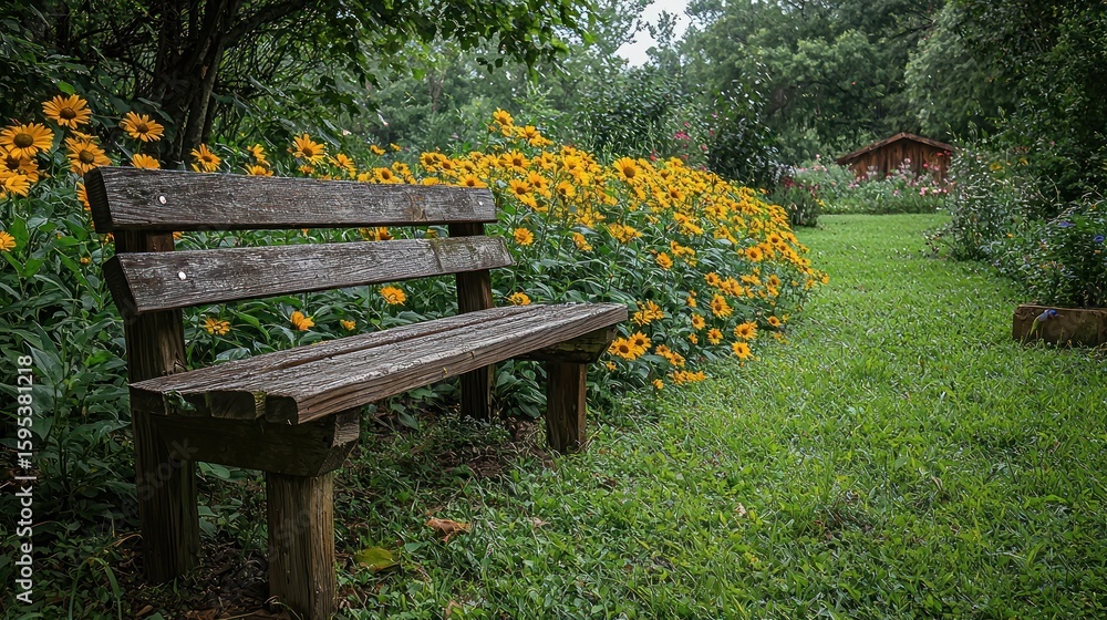Naklejka premium Serene Garden Bench: A Peaceful Retreat Amidst Blooming Sunflowers