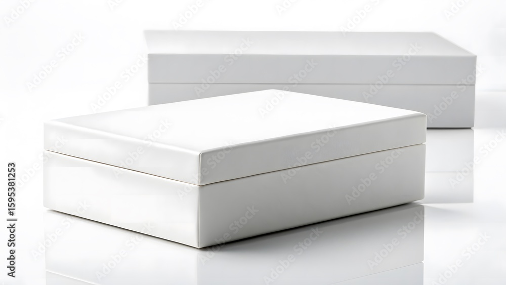 Naklejka premium White box Mockup, Two clean white rectangular boxes with lids closed presented on a reflective white surface