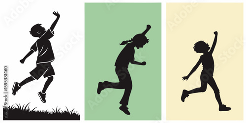 Vector Child Silhouettes Set – Energetic Full-Body Poses with Modern Lively Style
