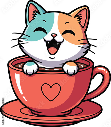 Adorable happy cat relaxing in a cute red coffee cup with a heart graphic