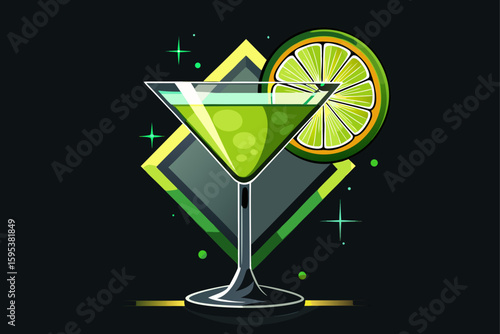 vector of Beautiful stemmed martini glass with lemon slices on a black minimalist background... perfect.