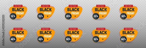 Set of Black Friday price tags with percentages and discounts.