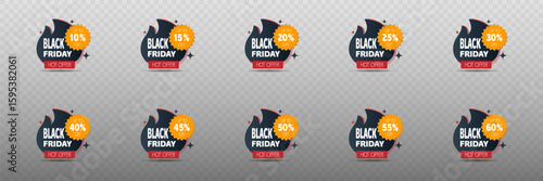 Set of Black Friday price tags with percentages and discounts.