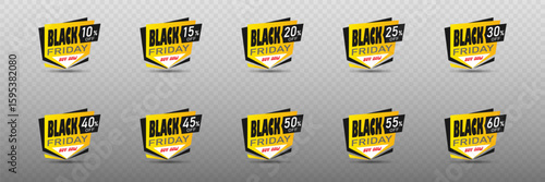 Set of Black Friday price tags with percentages and discounts.