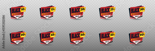 Set of Black Friday price tags with percentages and discounts.