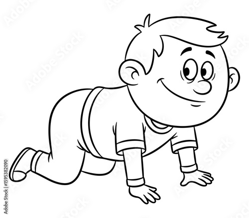 Cartoon Illustration of a Crawling Baby in Black and White