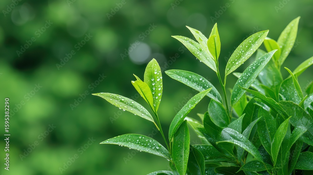 Green fresh leaves concept, Close-up of dew-covered green leaves glowing in soft sunlight, for Advertise, for banner, with copy space Green fresh leaves concept, Close-up of dew-covered green leaves glowing in soft sunlight, for Advertise, for banner, with copy space