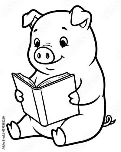 Wallpaper Mural Cartoon Pig Reading a Book, Black and White Outline Illustration Torontodigital.ca