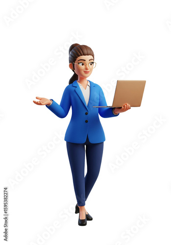 3D Cartoon Businesswoman Holding Laptop Isolated on Transparent Background. Generative AI