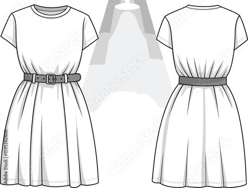 Women’s dress fashion sketch front and back view with short sleeves, belted waist, pleated skirt, cad drawing flat vector illustration