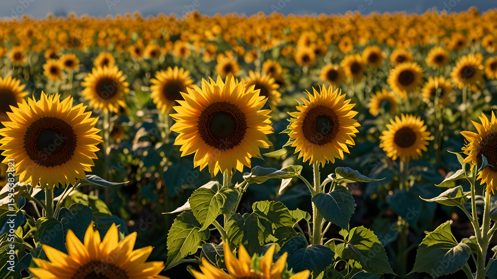 Fototapeta premium Endless Sunflower Field in Bloom – Bright Summer Landscape at Dusk
