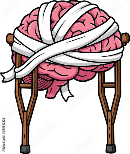 Cartoon illustration depicting a brain with bandages and crutches for mental health concept