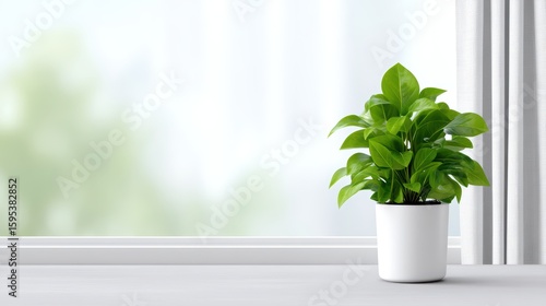 Plant by window concept, Small plant pot near white window with bright natural light and airy curtain, for Advertise, for banner, with copy space