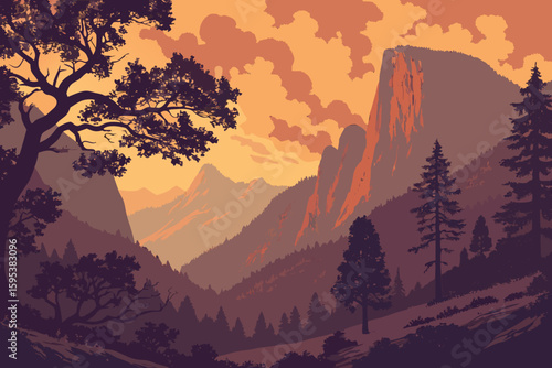  dramatic sunset, fiery cloud formation, dramatic lighting, mountainous landscape, lush foliage, atmospheric haze, cinematic composition