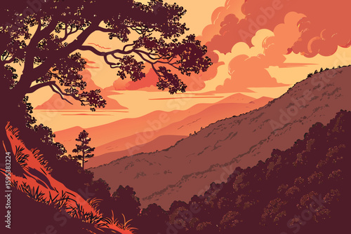  dramatic sunset, fiery cloud formation, dramatic lighting, mountainous landscape, lush foliage, atmospheric haze, cinematic composition