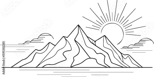 Black and white mountain landscape with sun and clouds vector illustration