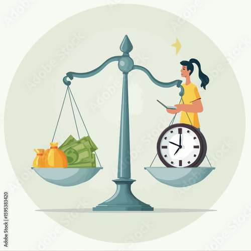 Illustration depicting a woman balancing time (clock) against money (bags and bills) on a scale, highlighting the concept of priorities.