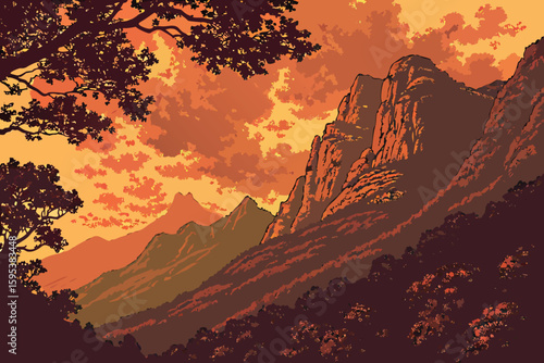  dramatic sunset, fiery cloud formation, dramatic lighting, mountainous landscape, lush foliage, atmospheric haze, cinematic composition