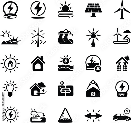 Collection of minimalist black and white icons representing renewable energy sources