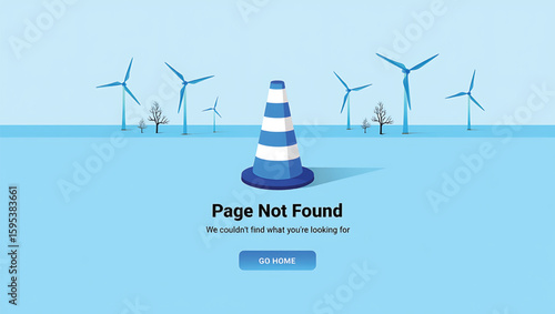 404 error page with traffic cone and wind turbines illustration page not found error message
