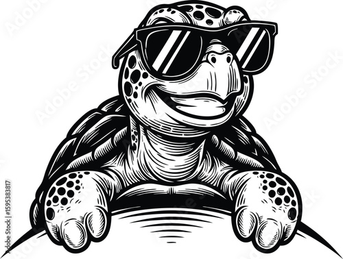 Cool and stylish sea turtle wearing sunglasses smiling in black and white vector art