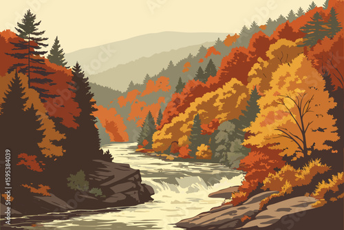  serene autumn river,flowing river with dense forest,dramatic river rushing through colorful trees,majestic autumn river landscape,scenic rushing river in fall foliage,dramatic river surrounded by vi