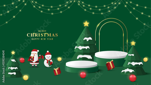 Merry christmas banner with cute santa claus and snowman character on green background for the celebration of Happy New Year. Vector illustration
