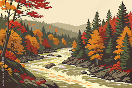  serene autumn river,flowing river with dense forest,dramatic river rushing through colorful trees,majestic autumn river landscape,scenic rushing river in fall foliage,dramatic river surrounded by vi