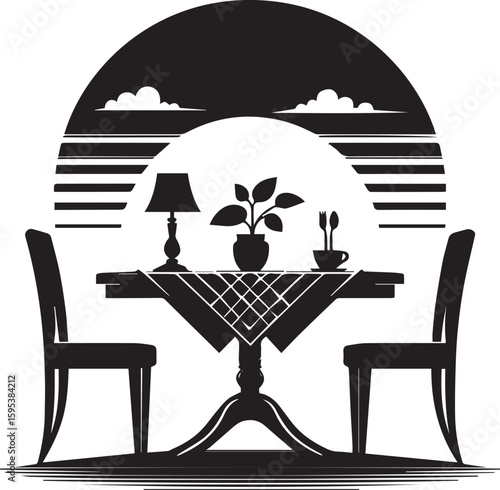 Elegant Dinner Silhouette vector, table, dining, room, setting, chair, silhouette, illustration, table setting, dinner, dining room