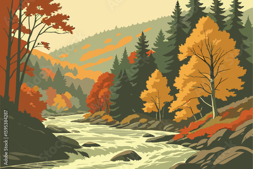  serene autumn river,flowing river with dense forest,dramatic river rushing through colorful trees,majestic autumn river landscape,scenic rushing river in fall foliage,dramatic river surrounded by vi