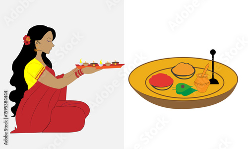 trditional puja thali iteams & puja girl hindu religious vector art