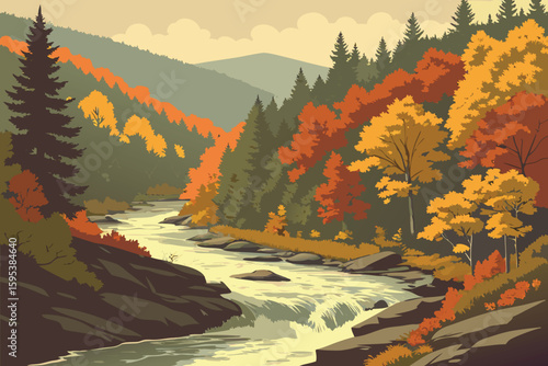  serene autumn river,flowing river with dense forest,dramatic river rushing through colorful trees,majestic autumn river landscape,scenic rushing river in fall foliage,dramatic river surrounded by vi