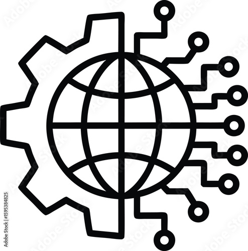 Global technology and network connectivity illustration with gear and circuit board elements
