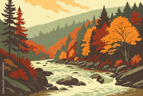  serene autumn river,flowing river with dense forest,dramatic river rushing through colorful trees,majestic autumn river landscape,scenic rushing river in fall foliage,dramatic river surrounded by vi