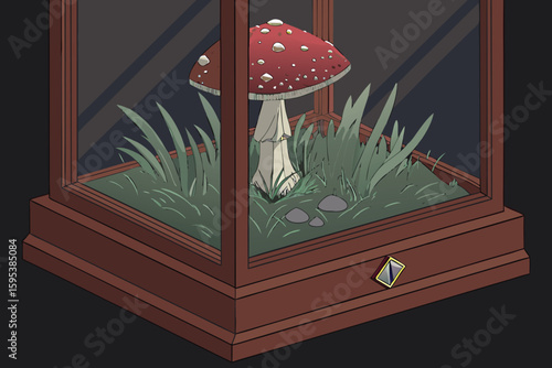  close up, wooden cabinet, glass display case, red mushroom creature, crystalline growth, steam, magical, surreal, cinematic lighting, 8k, highly detailed, photorealistic