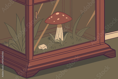  close up, wooden cabinet, glass display case, red mushroom creature, crystalline growth, steam, magical, surreal, cinematic lighting, 8k, highly detailed, photorealistic