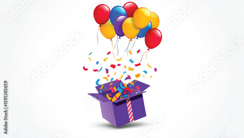 Purple gift box with colorful balloons and confetti exploding upwards birthday celebration
