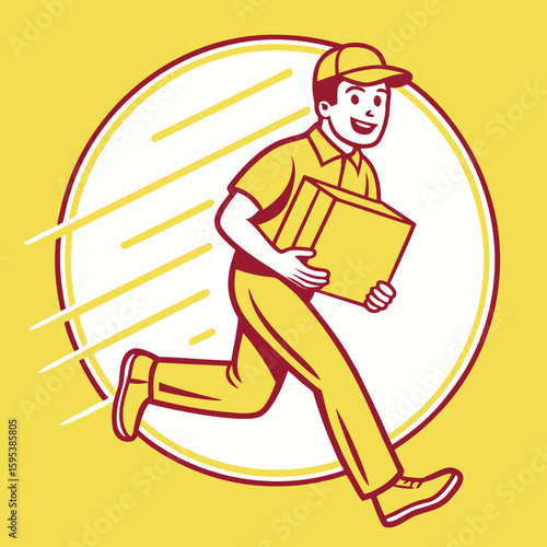 Smiling young deliveryman hurries to deliver package quickly on a yellow background
