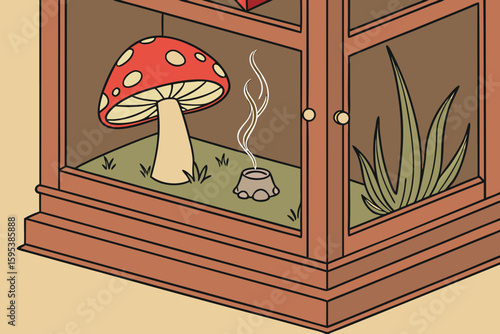  close up, wooden cabinet, glass display case, red mushroom creature, crystalline growth, steam, magical, surreal, cinematic lighting, 8k, highly detailed, photorealistic